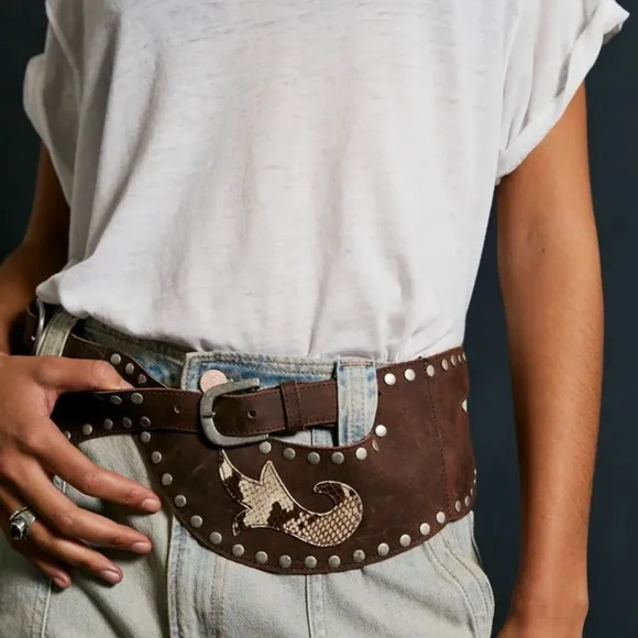 Leatherock X Free People Hendrix Studded Belt-A710 Funk Plus Snap On Three Row Punk Rock Star Metal Silver  main image 3
